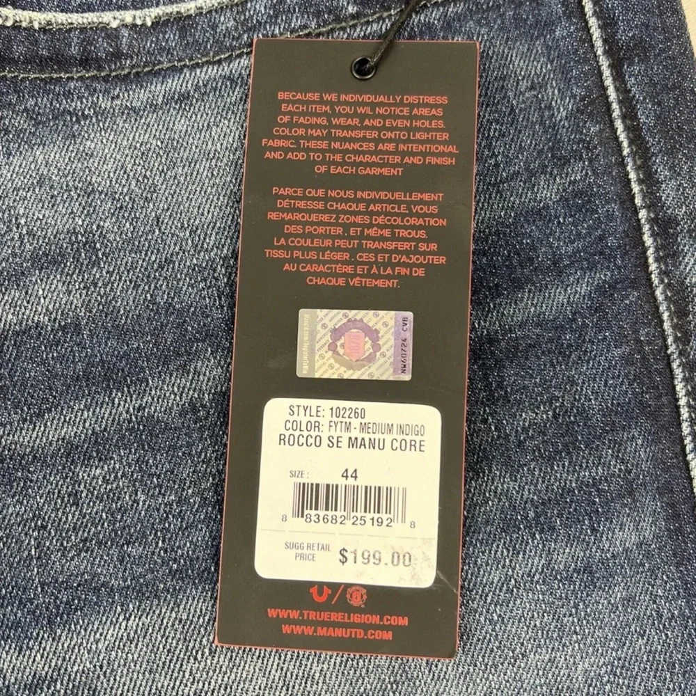 NWT True Religion/Man U Rocco Relaxed Skinny Blue Indigo Jeans Mens Size‎ 44X32